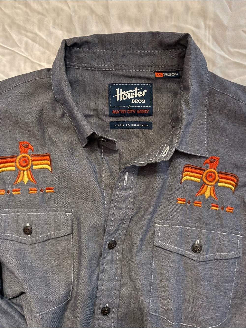 Howler Brothers Gray Chambray Button-Down with Orange Embroidery